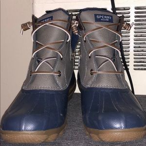grey and white sperry duck boots
